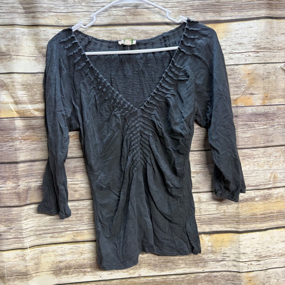 Ett Twa Charcoal Gray Ruched V-Neck Slub Knit Top 3/4 Sleeve Medium